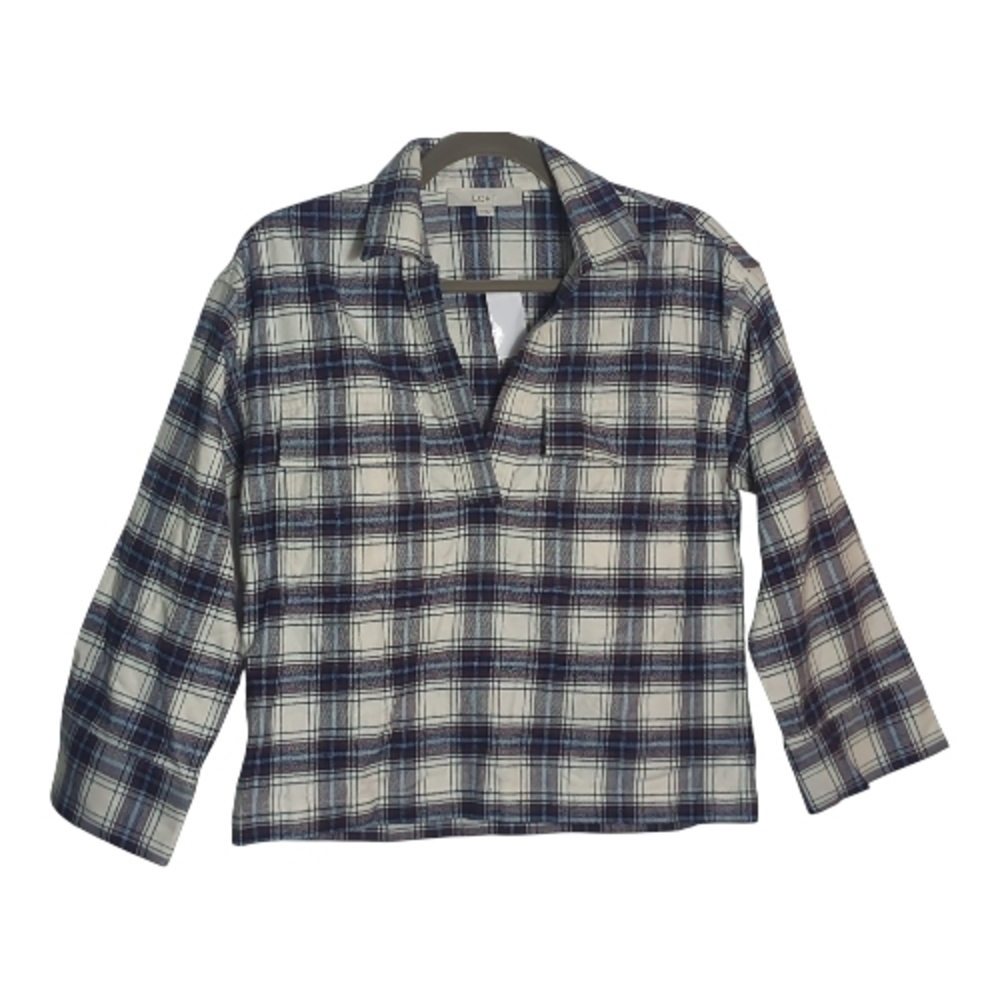 Loft XS Beige Flannel Plaid V Neck Crop Shirt NWT Campcore Modern Grunge Rustic